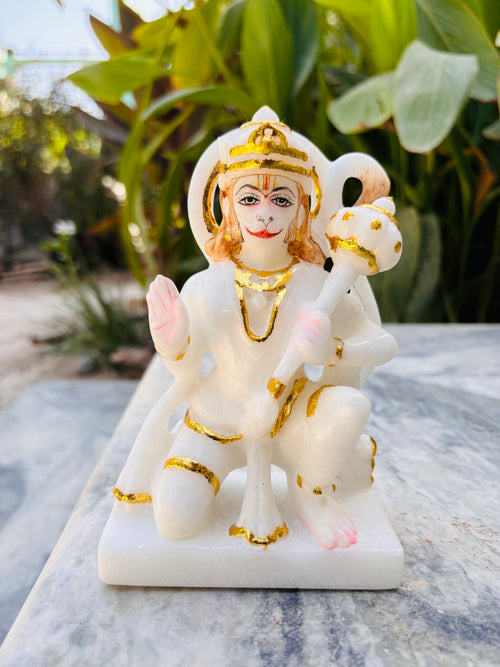 ASHIRWAD HANUMAN JI IN WHITE AMBAJI MARBLE ( SIZE - 6 X 4 X 2.5 IN)