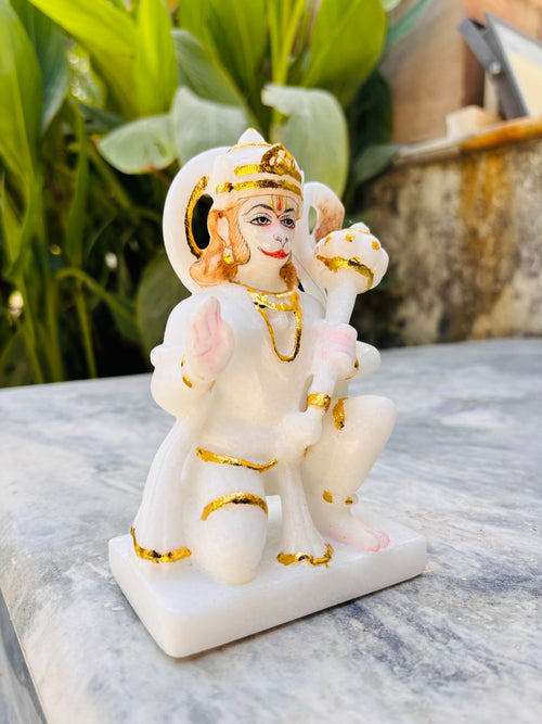 ASHIRWAD HANUMAN JI IN WHITE AMBAJI MARBLE ( SIZE - 6 X 4 X 2.5 IN)